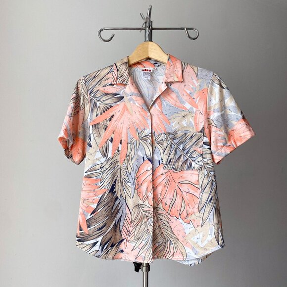 🌿Y2k Vintage Light Orange & Tan Tropical Print Short Sleeves Button-Down Shirt - Picture 1 of 5
